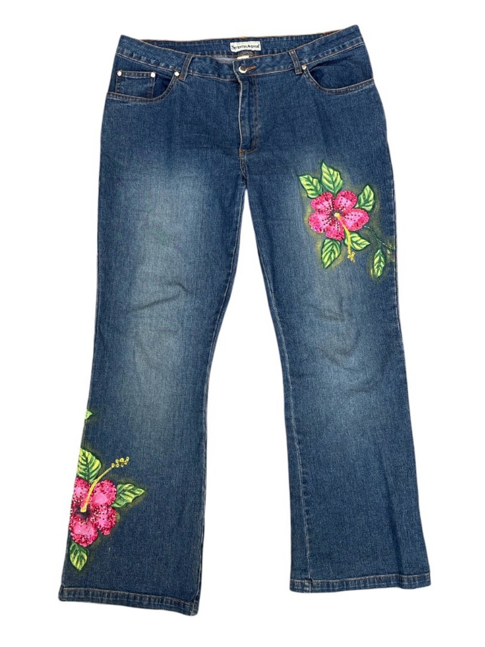 Seventh Avenue Floral Painted Sequined Embroidered Boot Cut Jeans Blue Pink 16W